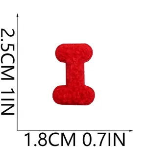 Detailed view of a mini red chenille embroidered letter I patch with precise measurements