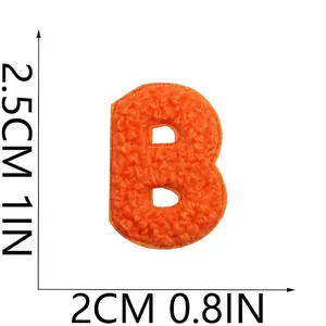 Bright orange chenille embroidered letter B patch with dimensions 2.5cm height