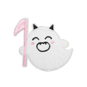 Detailed view of white Halloween ghost embroidery patch with dimensions of 5cm by 6.5cm