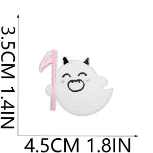 Detailed embroidery texture of a white ghost patch with size measurement markings