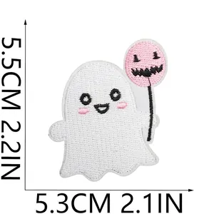 Detailed Halloween ghost embroidered iron-on patch with pink balloon and size markers