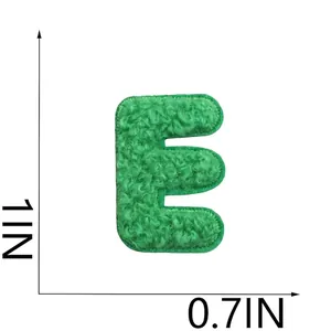 Mini green chenille embroidered letter E patch showing size measurements 2.5x1.7cm