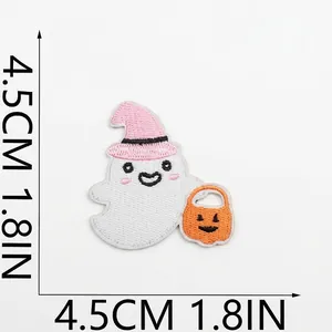 Detailed embroidery of a cute Halloween ghost patch with pink hat and pumpkin bag