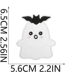 Detailed macro view of Halloween ghost embroidery patch with bat motif and dimensions