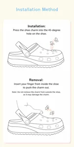 Step-by-step instruction guide for installing and removing DIY cartoon shoe charms.