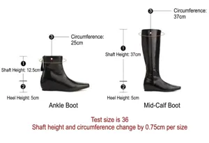 Tabla de medidas detallada para botas de cuero negro con altura y circunferencia de caña.