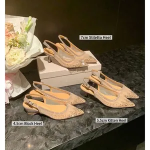 Women Elegant Mesh Rhinestone Pointed Toe Slingback Pumps Comfortable Chunky Heel Closed Toe Sandals For Wedding Party Jewelry