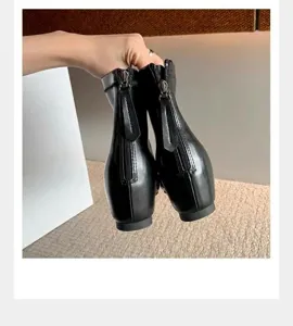Botines minimalistas de cuero negro con punta cuadrada, tacón oculto de 5 cm y cremallera