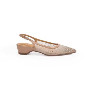 Elegant nude mesh slingback pumps with rhinestone details and a 4.5cm block heel.