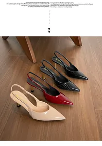 Elegant pointed-toe slingback high heels shown in four stylish colors on wood floor.