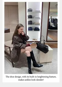 Botas elegantes de cuero negro genuino con cuña oculta y punta cuadrada de moda