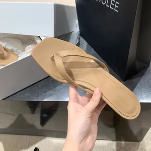 Damen Echtes Rindsleder Flip Flops Eckige Zehen Thong Sandalen Flach Kitten Heel Outdoor Sommer Strand Halbschuhe