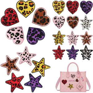 Glitter leopard print embroidered heart and star patches for DIY clothing and bags