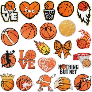 Variety of basketball themed embroidered iron-on patches for kids' clothing decoration