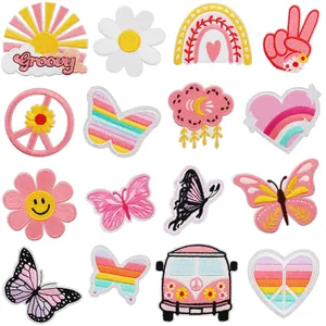 Variety pack of retro colorful embroidered iron-on patches for bags and apparel