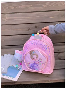 Detailed front view of pink sequined backpack featuring cute princess and unicorn art