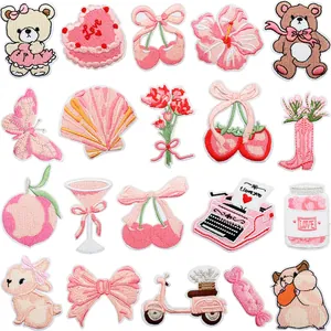 Pink Embroidered Patch Teddy Bear Heart Cherry Candy Iron-On Patches For Clothing Bags Valentine's Day Decoration DIY Accessories