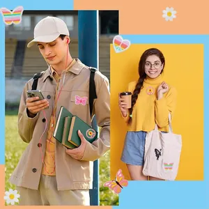 Lifestyle view of colorful butterfly and rainbow embroidery patches on clothes and bags.