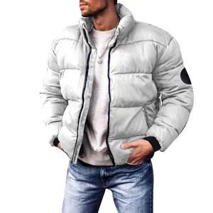 Men's stylish grey stand collar thickened puffer jacket for winter outdoor wear