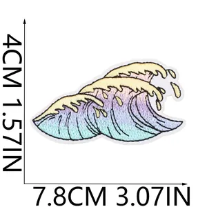 Close-up view of rainbow wave embroidered patch showing 4cm and 7.8cm dimensions