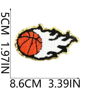 Detailed macro view of basketball fire chenille embroidered patch with exact dimensions