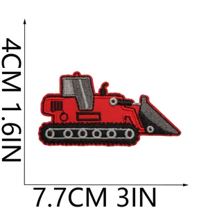 Detailed close-up of a red construction vehicle iron-on embroidered patch showing 7.7x4cm size