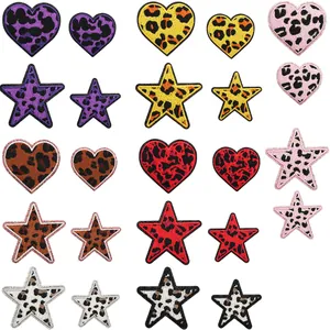 Glittery leopard print heart and star embroidered iron-on patches collection