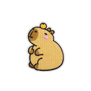 Cute capybara animal embroidered patch with white border for kids clothing decoration