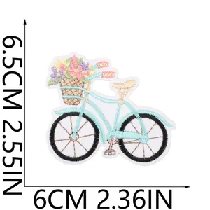 Detailed view of embroidered bicycle patch with colorful flowers and size dimensions