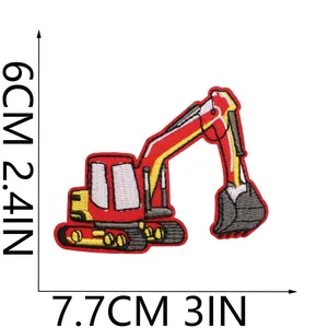 Detailed dimensions of red excavator embroidered iron-on patch for kids