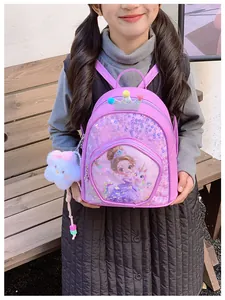 Front view of a purple sequined children's cartoon backpack with princess print and crown