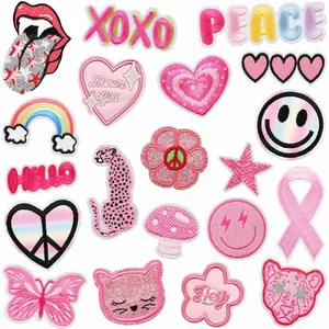Pink cartoon embroidery patch set with butterfly heart rainbow designs