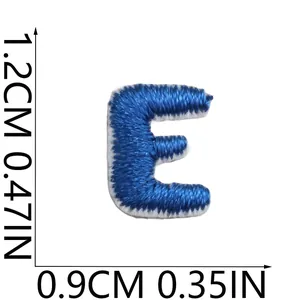 Mini blue embroidered letter E patch showing dimensions of 1.2cm height and 0.9cm width