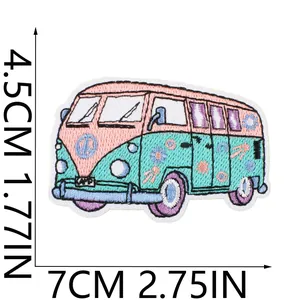 Detailed view of cartoon bus embroidery patch with dimension measurements 7cm x 4.5cm
