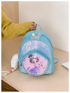 Light blue sparkly sequins backpack for kids featuring a cute cartoon girl and unicorn print
