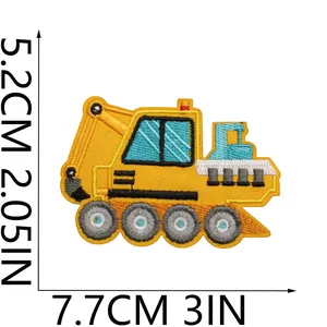 Detailed embroidered yellow excavator patch for kids clothing with size measurements