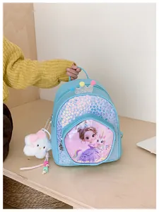 Detailed view of blue toddler backpack with glitter sequins and cute cartoon girl design