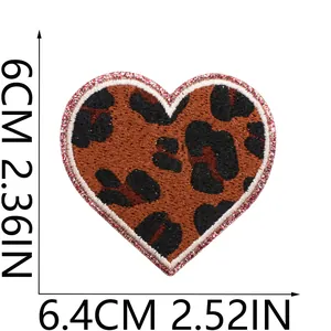 Leopard print heart embroidery patch with pink glitter border dimensions 6.4x6cm