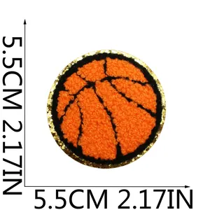 High-detail macro close-up of basketball chenille patch with 5.5cm dimension guide