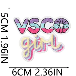 Detailed view of VSCO girl embroidered patch showing 5cm x 6cm dimensions