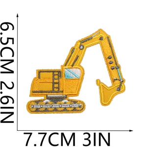 Detailed view with dimensions for cute yellow excavator embroidered patch for kids