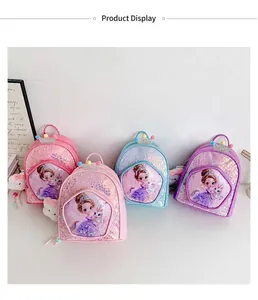 Cute sequined children's princess cartoon backpacks in pink, blue and purple colors for kids