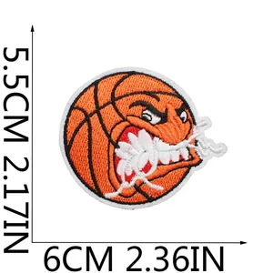 Angry cartoon basketball embroidery patch with size measurements of 5.5cm by 6cm.