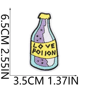 Embroidered Love Poison bottle patch with 6.5cm x 3.5cm dimensions