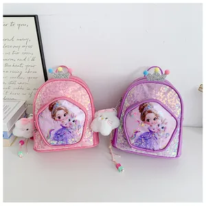 Close-up of pink and purple sequin children's backpacks featuring princess character