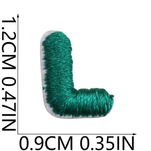 Detailed size guide for green embroidered letter L patch measuring 1.2cm by 0.9cm