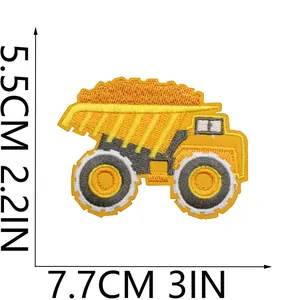 Yellow dump truck embroidered iron-on patch for kids clothing, size 7.7cm by 5.5cm