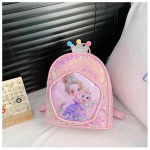 Detailed view of pink sequined children's backpack with cartoon princess design