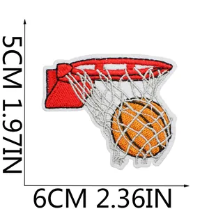 Detailed sport themed basketball hoop embroidery patch measuring 6cm by 5cm for clothing