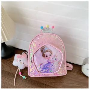 Detailed view of pink sequined kids backpack featuring princess cartoon and crown decor